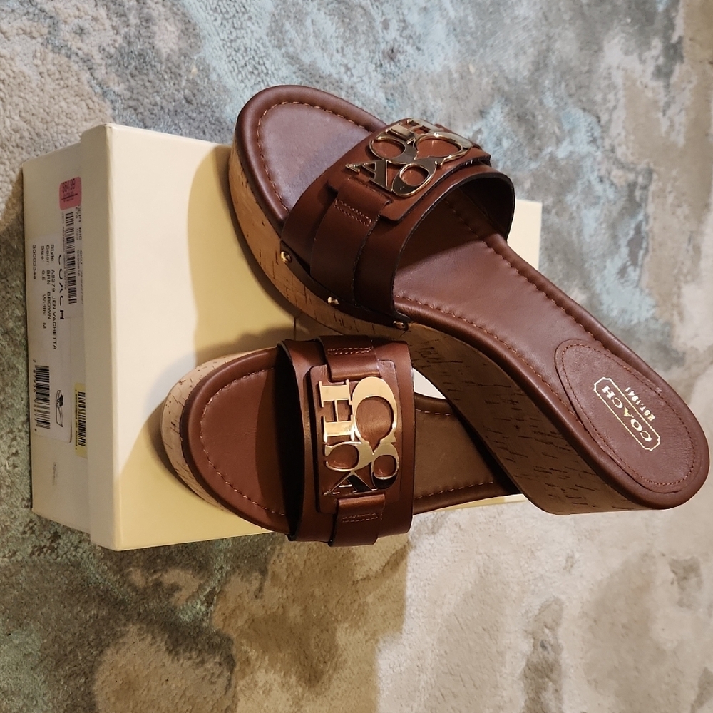 Coach Brown Leather Logo Cork Wedge Slide Sandals with Gold Hardware